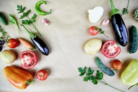 Vegetable frame: beet, basil, eggplant, parsley, bell pepper, hot pepper Stock Photos