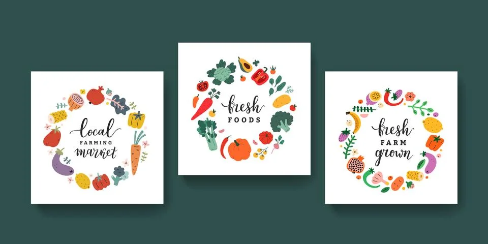 Vegetable frames collection with lettering, veggies illustrations arranged in Stock Illustration