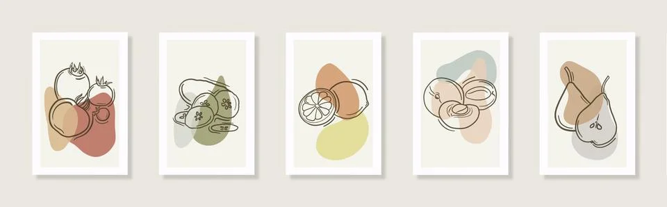Vegetable, fruit modern set of wall vegan posters Line art drawing apricot lemon Stock Illustration