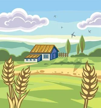 Vegetable garden house trees fields mountains wheat. Vector illustration Stock Illustration