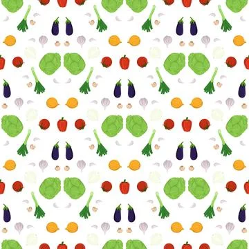 Vegetable geometric seamless pattern. Tomato, cabbage, lettuce, garlic, onion Stock Illustration