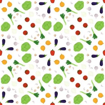Vegetable geometric seamless pattern. Tomato, cabbage, lettuce, garlic, onion Stock Illustration