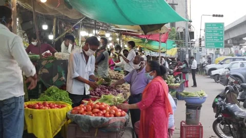 Vegetable & Grocery market in India post lockdown Stock Footage