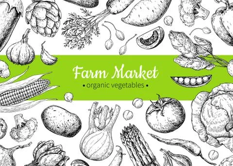 Vegetable hand drawn vintage vector frame illustration. Farm Market poster. Stock Illustration