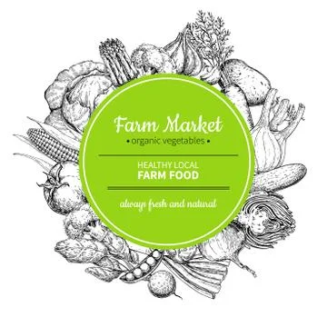 Vegetable hand drawn vintage vector frame illustration. Farm Market poster. Stock Illustration
