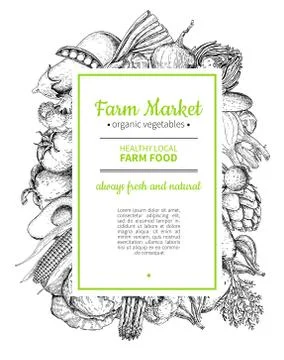 Vegetable hand drawn vintage vector frame illustration. Farm Market poster. Stock Illustration