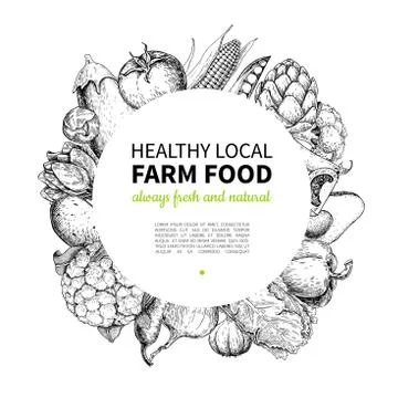 Vegetable hand drawn vintage vector frame illustration. Farm Market poster. Stock Illustration