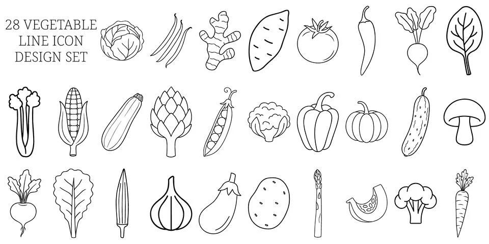 Vegetable Icon Set in Black Line Style Featuring 28 Clean Food Symbols Stock Illustration