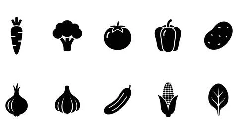 Vegetable icon set including carrot broccoli tomato pepper potato onion gar.. Illustrazione stock