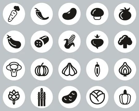 Vegetable Icons Black &amp; White Flat Design Circle Set Big Illustrazione stock
