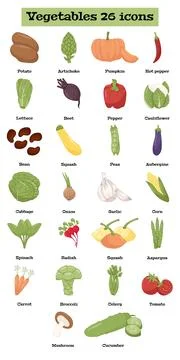 Vegetable Icons set 26 types of colorful Vegetables list with names.Can be used Stock Illustration