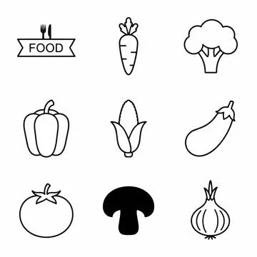 Vegetable icons set, black line and solid style, food illustration Silhouette イラスト素材