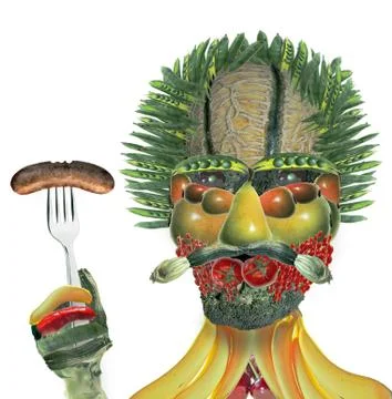 Vegetable man with fork and sausage Stock Illustration