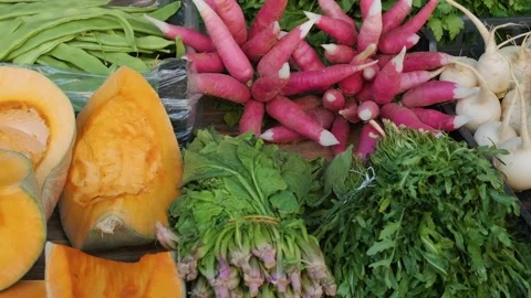 Vegetable market. Root, tuber crop, pumpkin and herbs Stock Footage 231234635