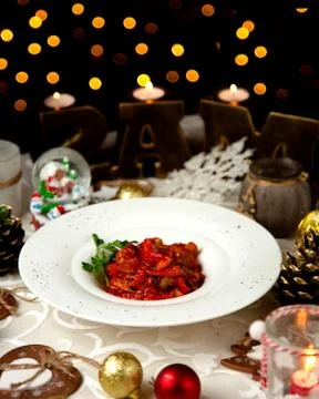 Vegetable mash with tomato sauce Stock Photos