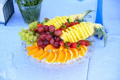 Vegetable, meat, fruit snacks on the table Stock-Fotos