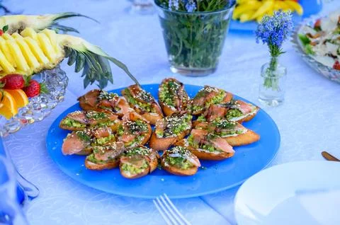 Vegetable, meat, fruit snacks on the table Stock Photos