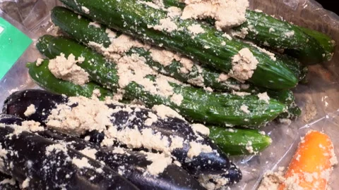 Vegetable miso marinated sell in local Japanese food market cucumber carrot.. Stock Footage 283054326