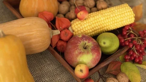 Vegetable mix on the table. Top view. Old table with a variety of vegetables and Stock Footage 81113807