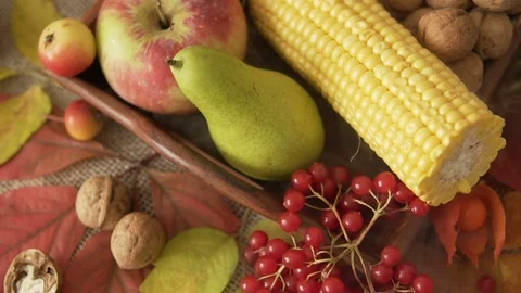 Vegetable mix on the table. Top view. Old table with a variety of vegetables and Stock Footage 81157473