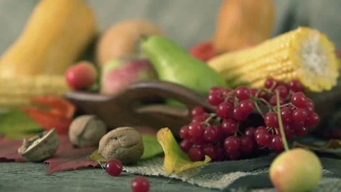 Vegetable mix on the table. Top view. Old table with a variety of vegetables and Stock Footage 81157527