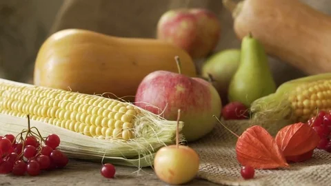 Vegetable mix on the table. Top view. Old table with a variety of vegetables and Stock Footage 82151979