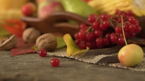Vegetable mix on the table. Top view. Old table with a variety of vegetables and Stock Footage 83229788