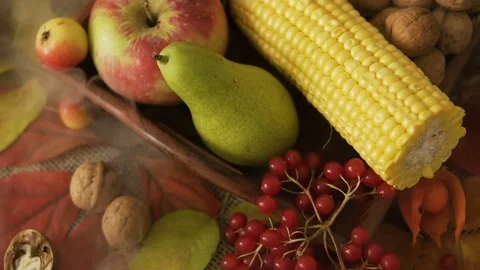 Vegetable mix on the table. Top view. Old table with a variety of vegetables and Stock Footage 84399345