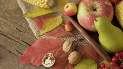 Vegetable mix on the table. Top view. Old table with a variety of vegetables and Stock Footage 91238456
