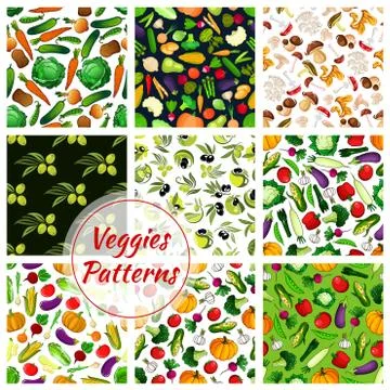 Vegetable, olive fruit, mushroom seamless pattern Stock Illustration