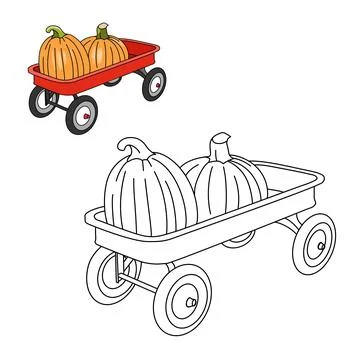 Vegetable orange pumpkins on red cart wagon with tire for halloween party acceso Illustrazione stock