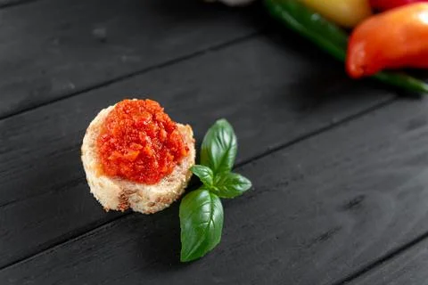 Vegetable paste, chopped vegetable caviar. Bread toast with caviar Stock Photos