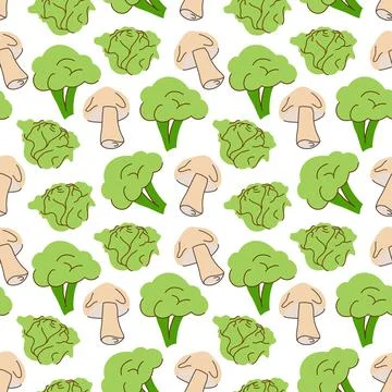 Vegetable pattern with composition broccoli, mushrooms, cabbage element. Perf Illustrazione stock