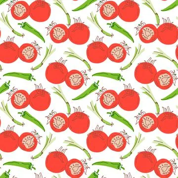 Vegetable pattern with composition chilies, lemongrass, tomatoes element. Per 库存插图