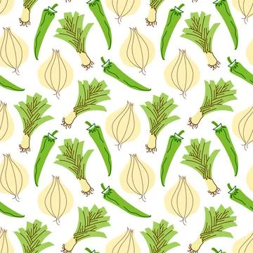 Vegetable pattern with composition onions, garlic, chili peppers element. Per Stock Illustration