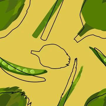 Vegetable pattern on a green background with peas and artichokes Stock Illustration