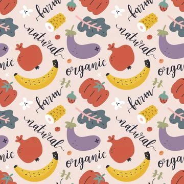 Vegetable pattern, hand drawn sylized fruits, eggplant and pepper with lettering Stock Illustration