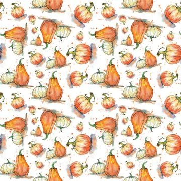 Vegetable pattern. Seamless pattern with pumpkins in watercolor Stock Illustration