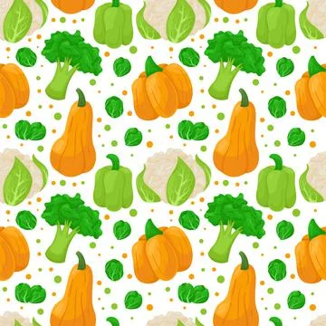 Vegetable pattern. Seamless print of cartoon cauliflower broccoli green peppe Illustrazione stock