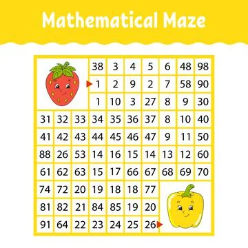 Vegetable pepper, strawberry. Mathematical square maze. Game for kids. Number Stock Illustration
