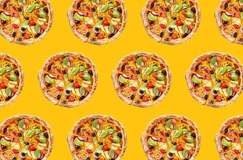 Vegetable pizza pattern design on yellow background Stock Photos
