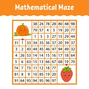 Vegetable pumpkin, strawberry. Mathematical square maze. Game for kids. Numbe Stock Illustration