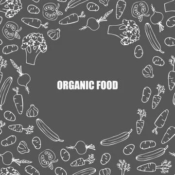 Vegetable Round Frame border. White line pattern on dark gray background Stock Illustration