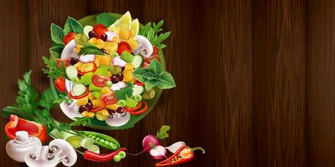 Vegetable salad with champignons on a wooden table. Stock Illustration