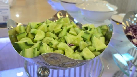 Vegetable salad with chopped fresh raw cucumbers. Green organic ingredients Vídeo Stock 314466152
