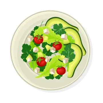 Vegetable Salad with Lettuce and Soft Cheese Vector Illustration Ilustração Stock