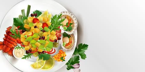Vegetable salad with lobster, scallops and red caviar. Stock Illustration