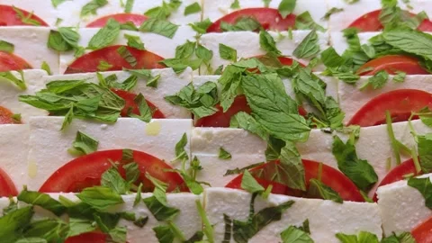 Vegetable salad with mozzarella cheese and tomato and mint leaves on a platter. Stock Footage 315067147