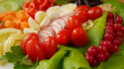 Vegetable salad with quail eggs. Stock Footage 238907541