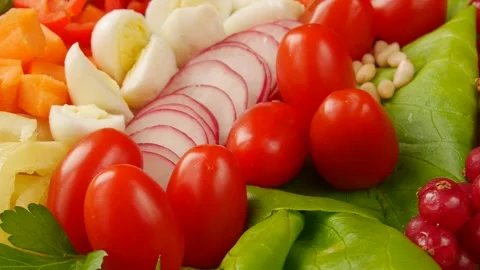 Vegetable salad with quail eggs. Stock Footage 240078933